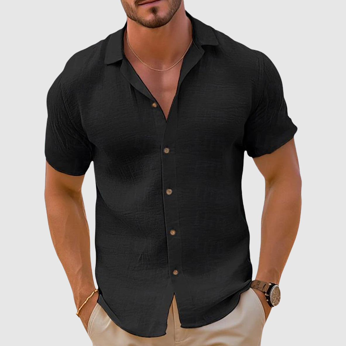 Model wearing linen shirt front view with button fastening