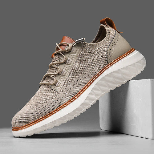 Men's mesh knit lace up trainer, side view on white background