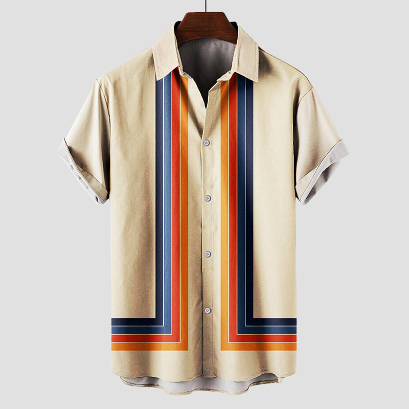 Men's retro stripe short sleeve shirt front view on flat lay