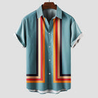 Model wearing striped shirt, side profile angle