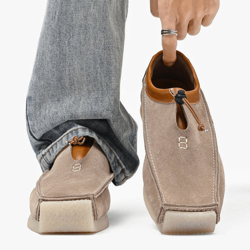 Men's suede square toe loafers with drawstring closure, front view