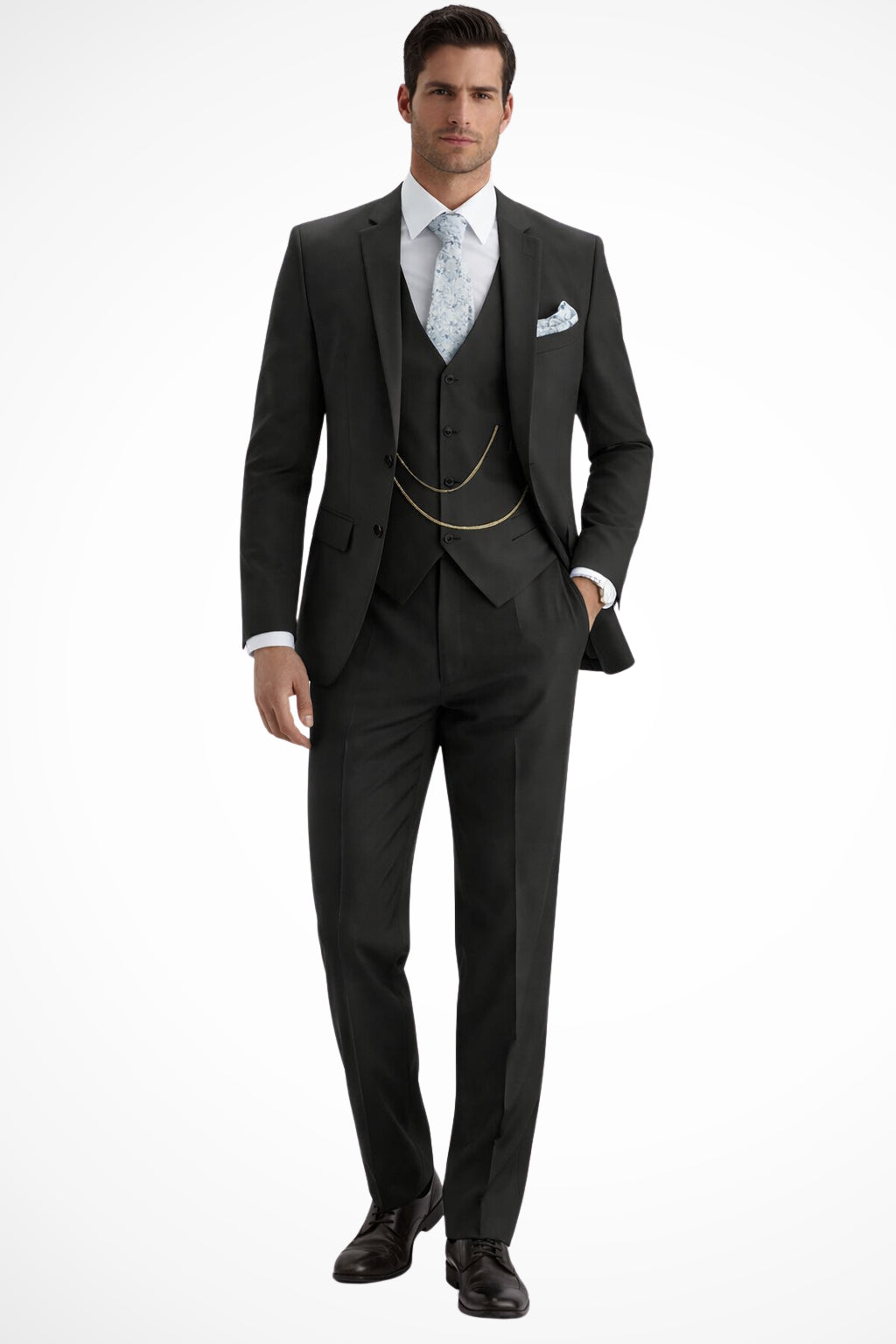 Men's three piece tailored suit with waistcoat, full front view
