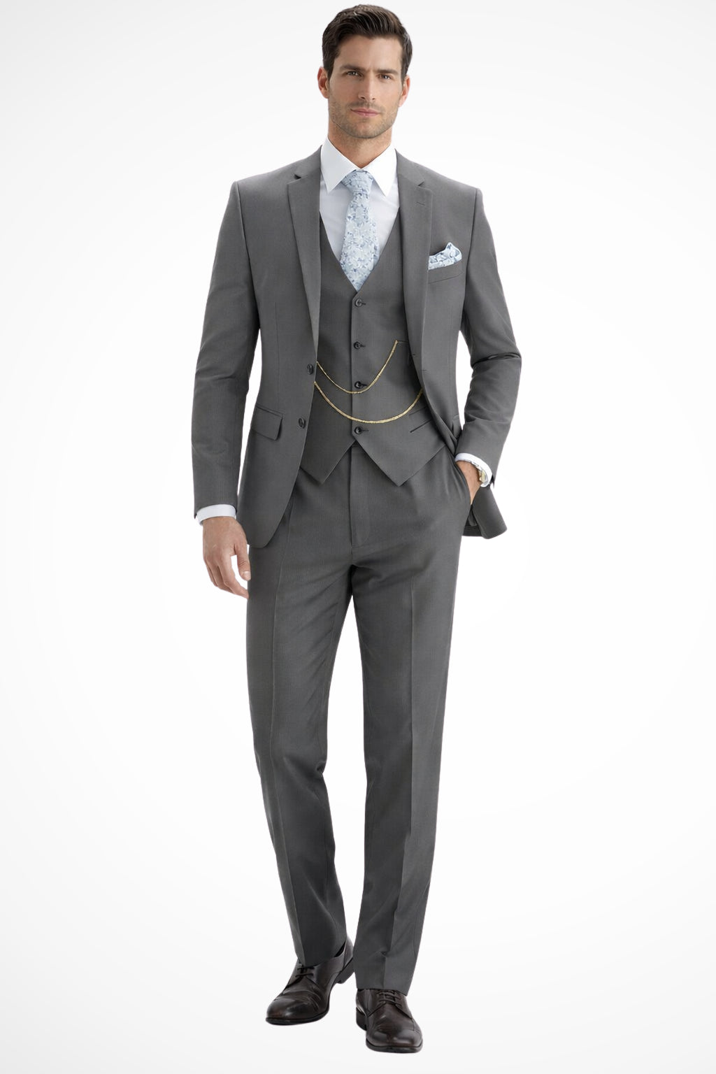 Model in complete suit, side profile angle