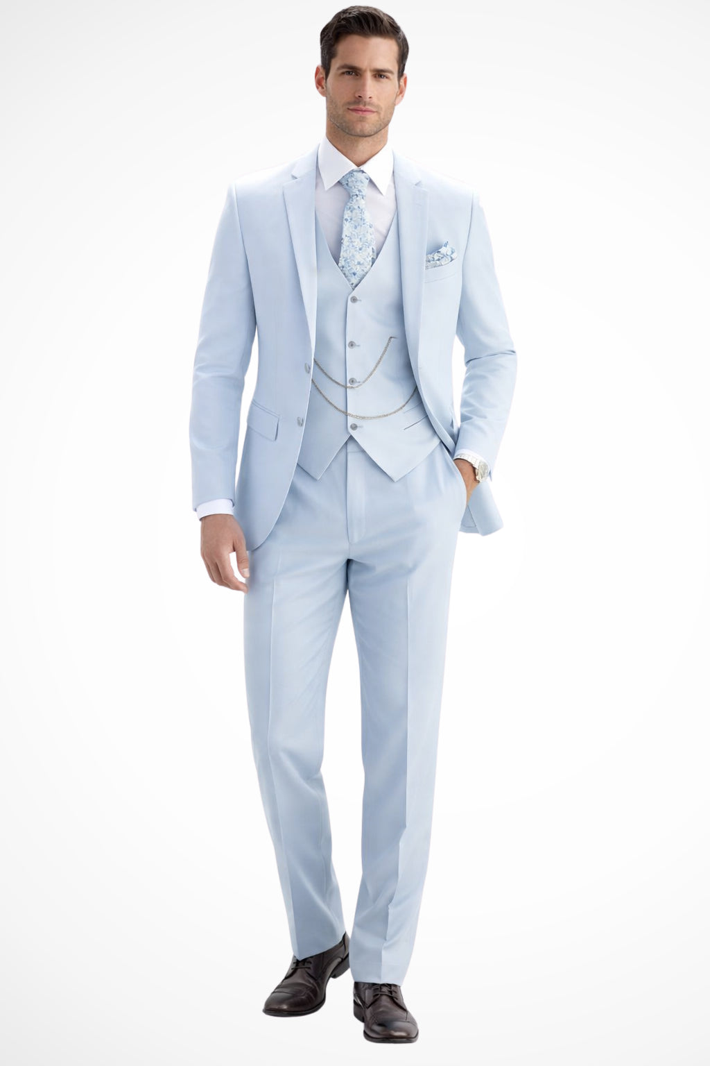 Full length suit view, model in formal stance