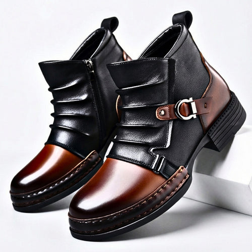 Men's black and brown two-tone leather ankle boots with silver buckle detail, front view