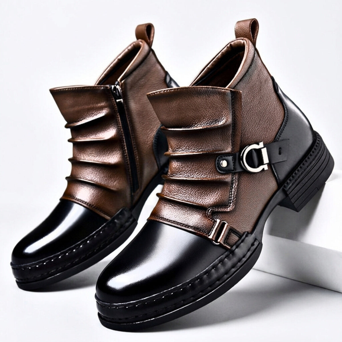 Men's Leather Buckle Ankle Boots