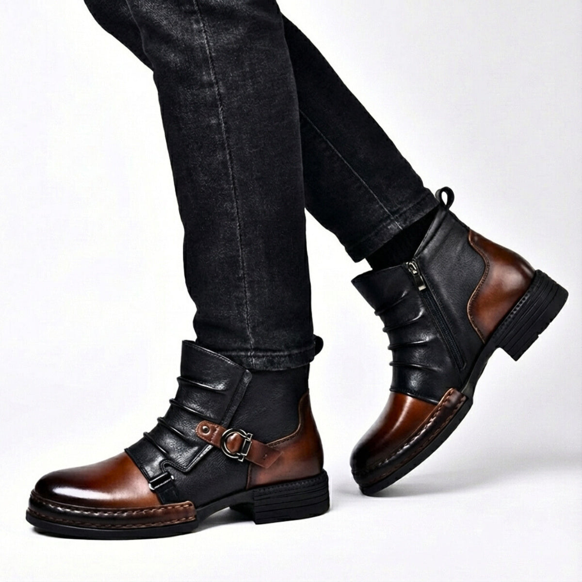Men's Leather Buckle Ankle Boots