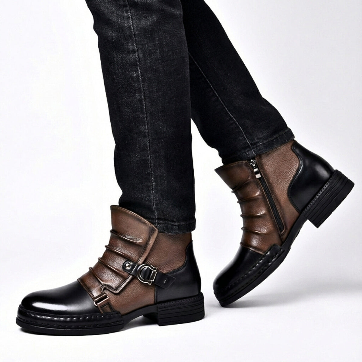 Men's Leather Buckle Ankle Boots