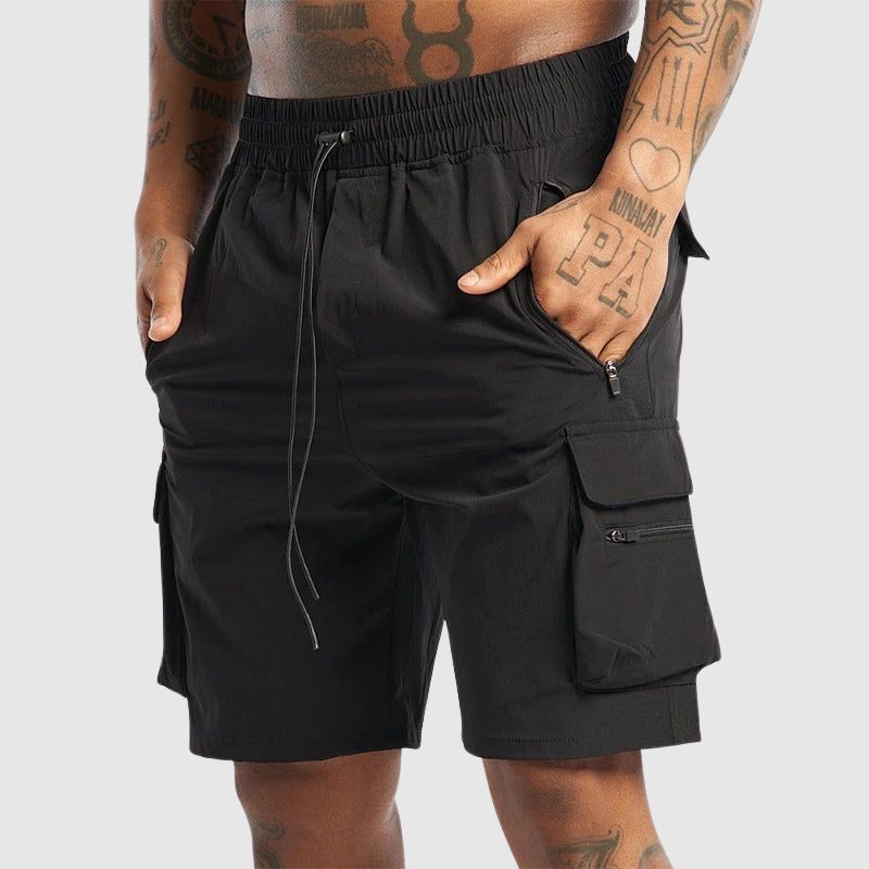 Black cargo shorts with elasticated waistband, displayed flat lay front view