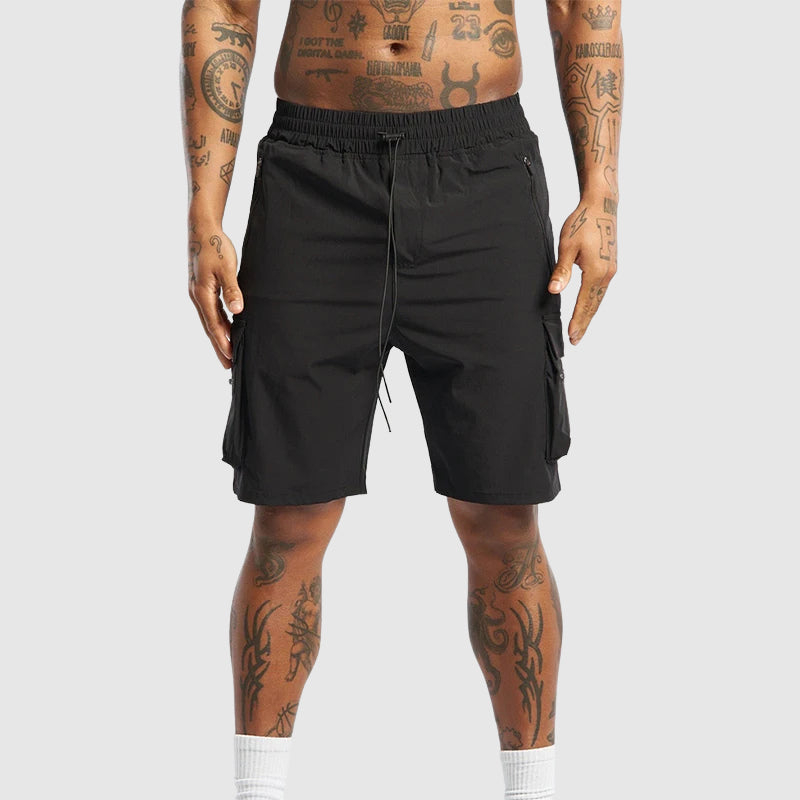 Close-up of cargo pocket detail and zippered pocket on shorts