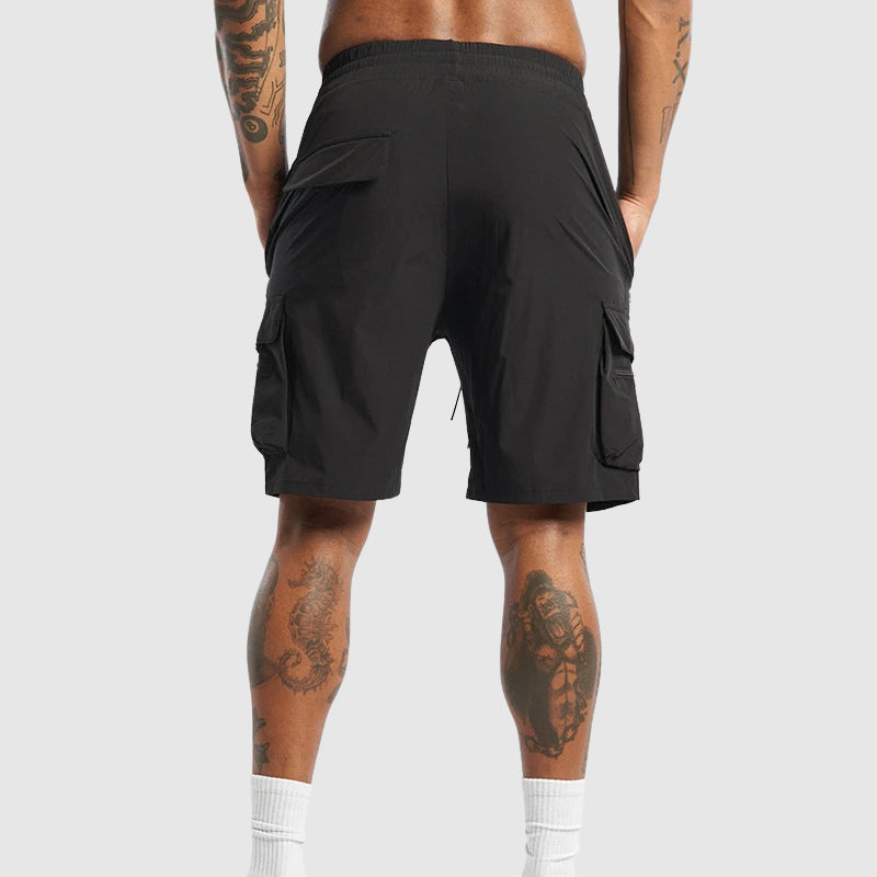 Back view of black cargo shorts highlighting rear pocket placement