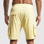 Side profile of cargo shorts showing knee length and fabric texture