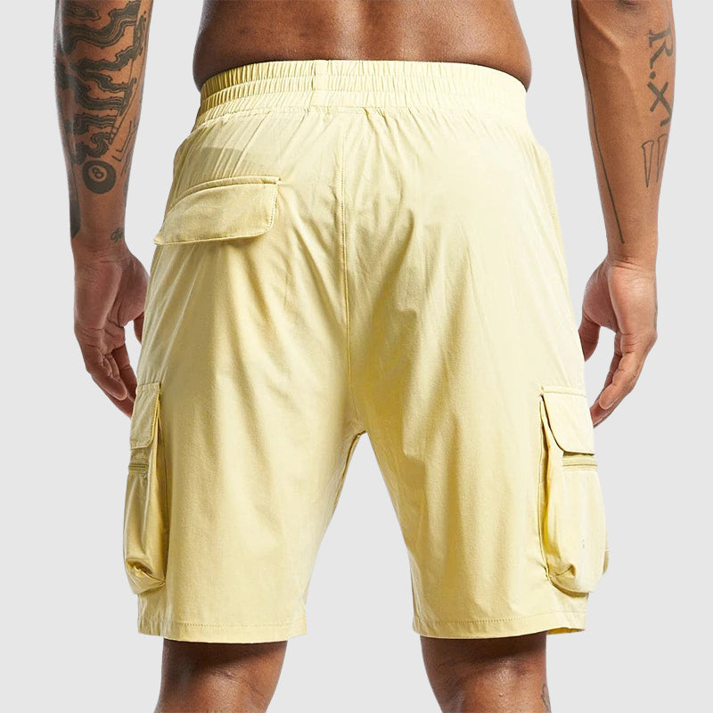 Side profile of cargo shorts showing knee length and fabric texture