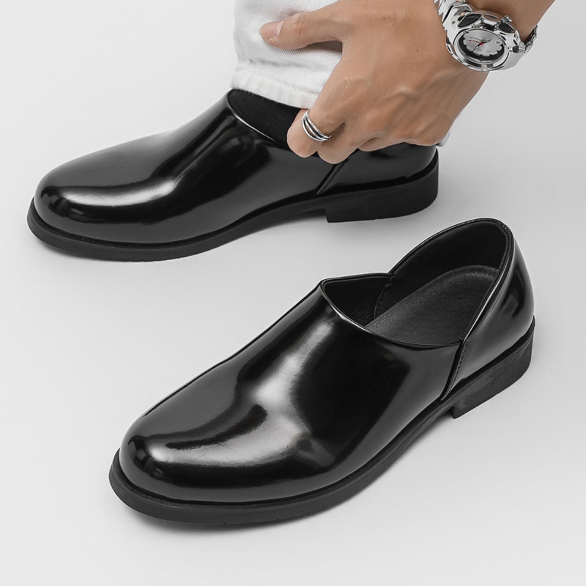 Men's Black Patent Leather Low Block Heel Loafers