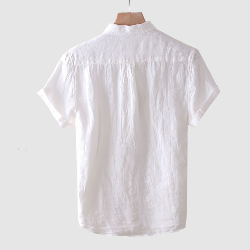 Back view of crinkle linen shirt on model