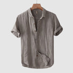 Men's linen shirt worn casually, side angle view