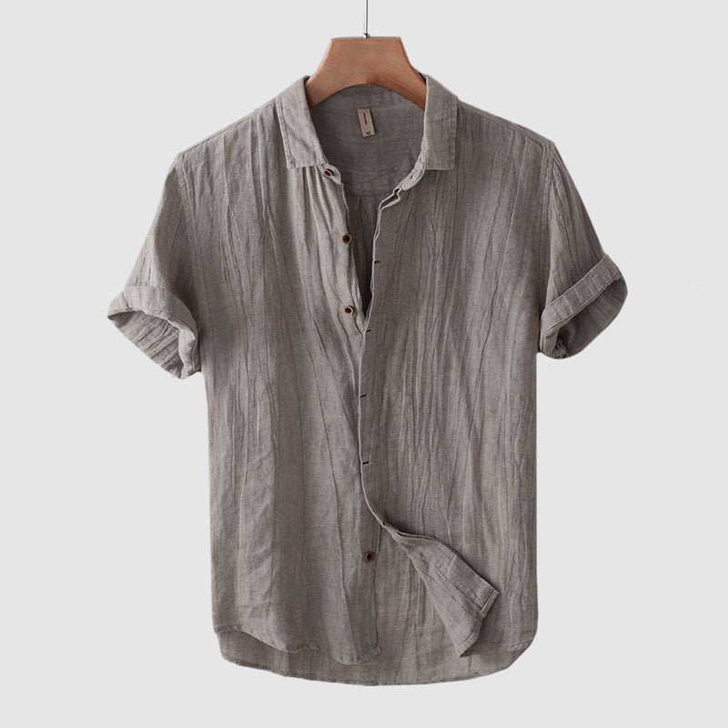 Men's linen shirt worn casually, side angle view