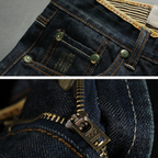 Detail of striped waistband lining and brown leather belt accent