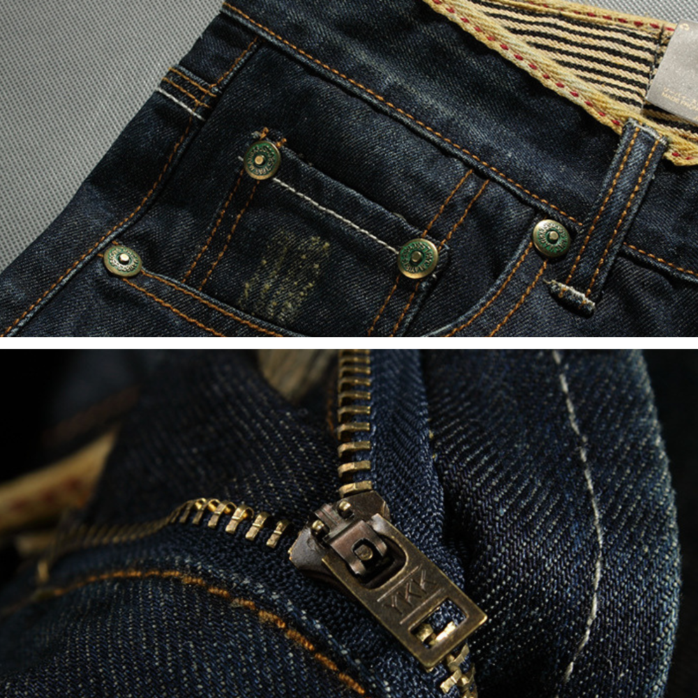 Detail of striped waistband lining and brown leather belt accent