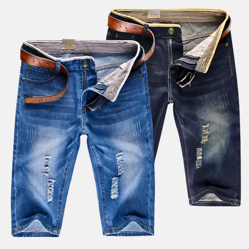 Men's blue distressed denim shorts with ripped detailing, front view on flat background