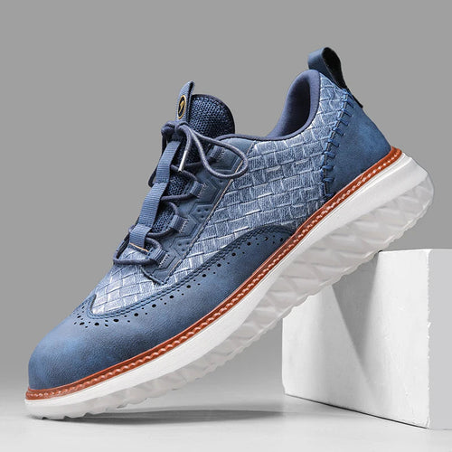 Men's leather woven lace up trainers, main product shot on white background