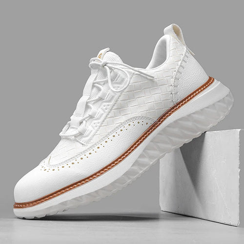 Front three-quarter view of leather woven trainers showing lacing detail