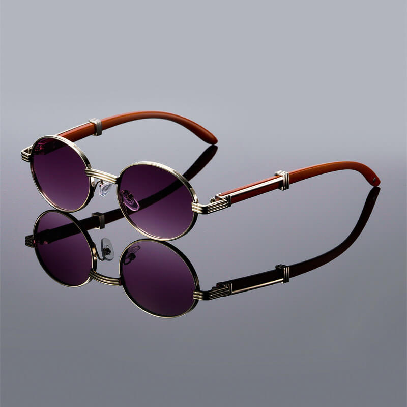 Front-facing pose wearing oval retro sunglasses with wood temples