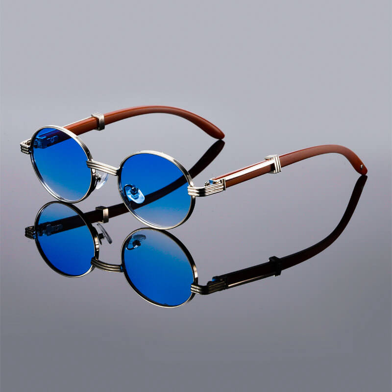 Men's oval retro sunglasses with blue gradient lenses and polished metal frame
