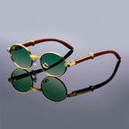 Side profile view of oval sunglasses showing wood effect temple detail