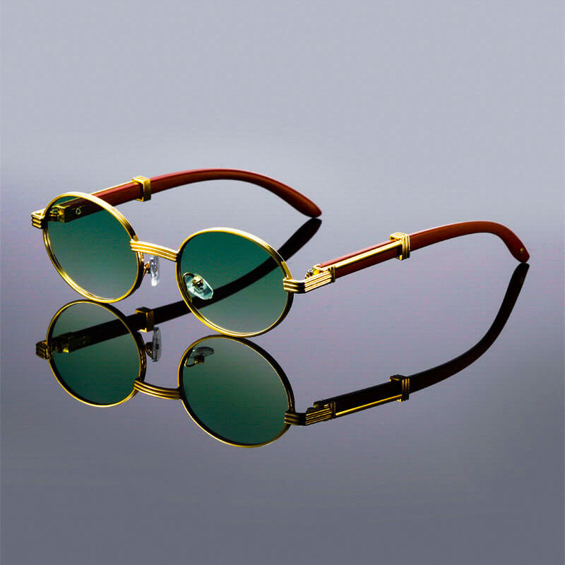 Side profile view of oval sunglasses showing wood effect temple detail