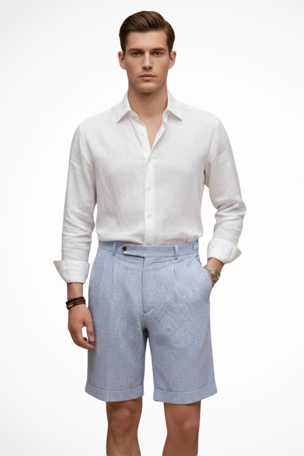 Men's blue striped seersucker shorts with turn-up cuffs, front view