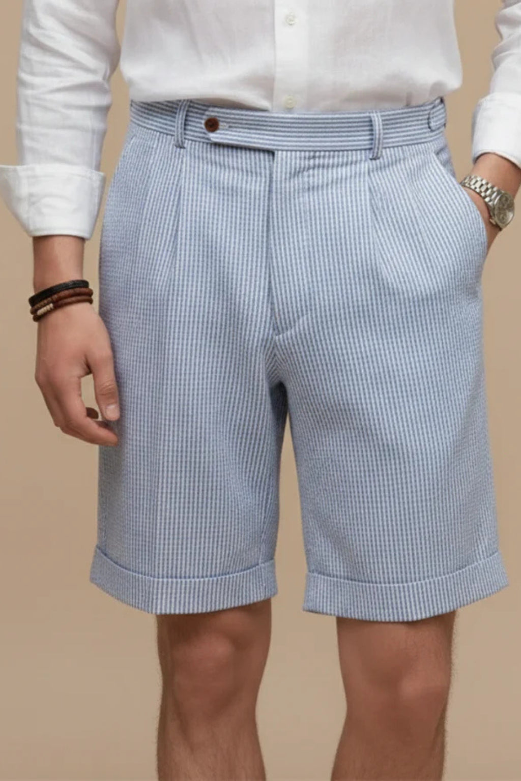 Close-up of seersucker fabric texture and vertical stripe detail