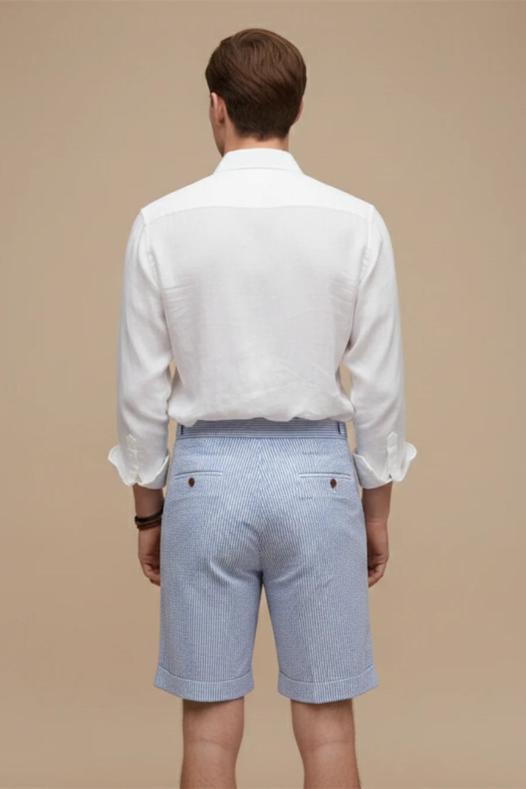 Rear view of shorts showing belt loops and tailored fit