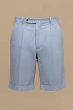 Side pocket and cuff detail on blue striped chino shorts