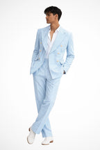 Men's blue and white striped seersucker double breasted suit, full front view