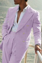 Model wearing seersucker suit, back view showing blazer structure