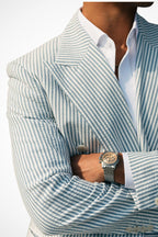 Full length side view of seersucker suit showing silhouette and proportions