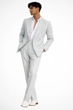 Close-up of straight leg trousers with high rise waistband