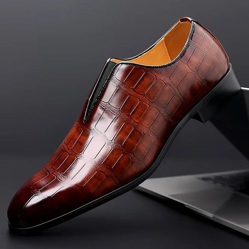 Brown crocodile embossed leather slip-on loafer, side view
