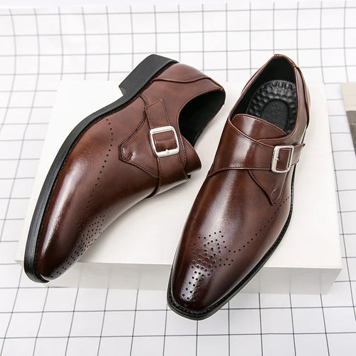 Men's leather monk strap brogue shoes, front three-quarter view