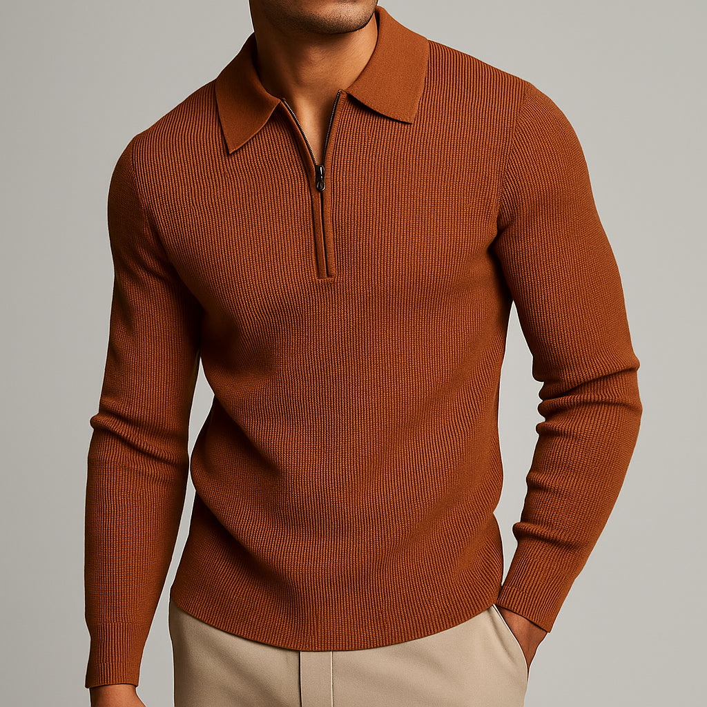 Men's waffle knit quarter zip shirt in neutral tone, front view