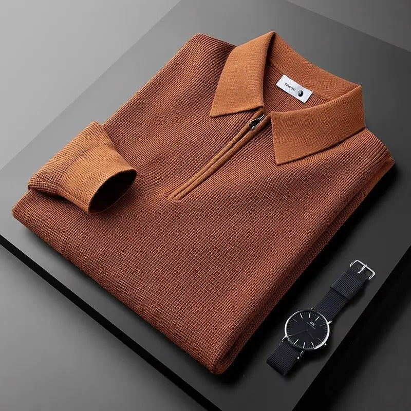 Quarter zip collar and neckline detail on waffle knit shirt