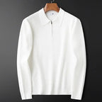 Model in waffle knit quarter zip shirt, relaxed seated pose
