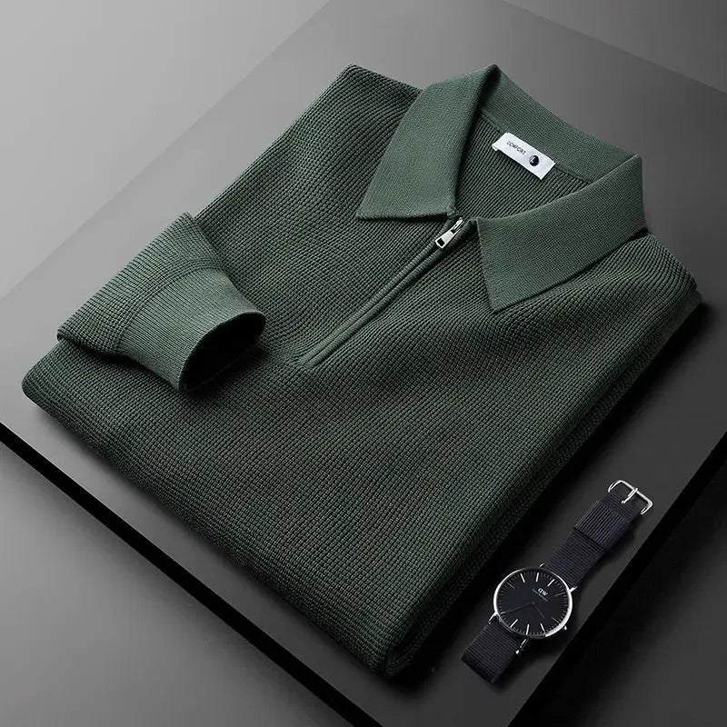 Man in waffle knit quarter zip shirt, side angle view