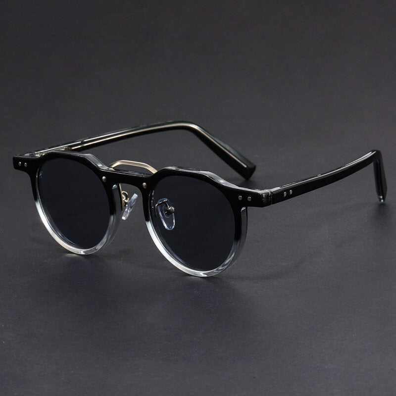 Top-down view of tortoiseshell round frame sunglasses showing nose pads