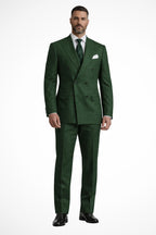 Dark green linen double breasted suit on dress form, front view