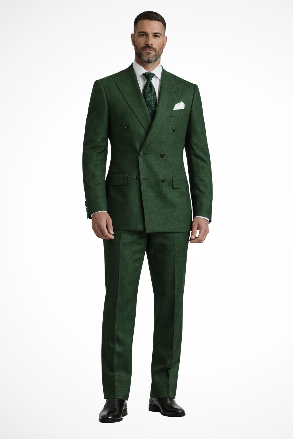 Dark green linen double breasted suit on dress form, front view