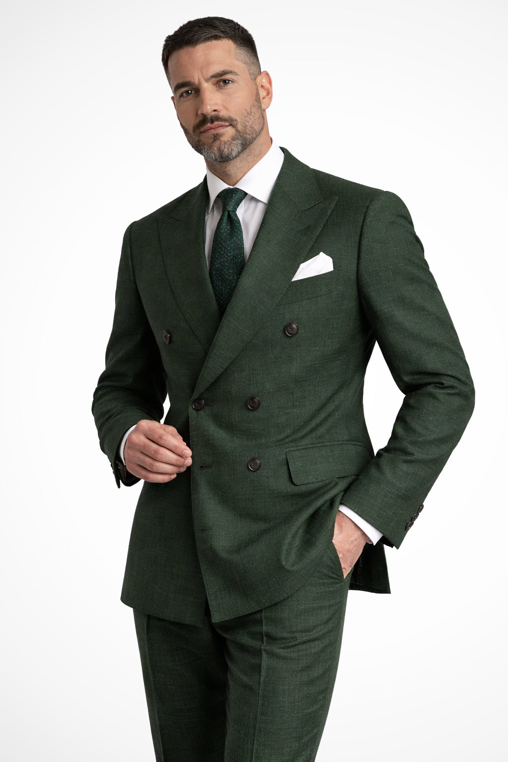 Side profile view of green suit jacket and trousers