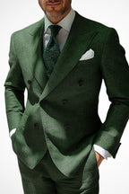 Detail shot of wide peak lapels and flap pocket