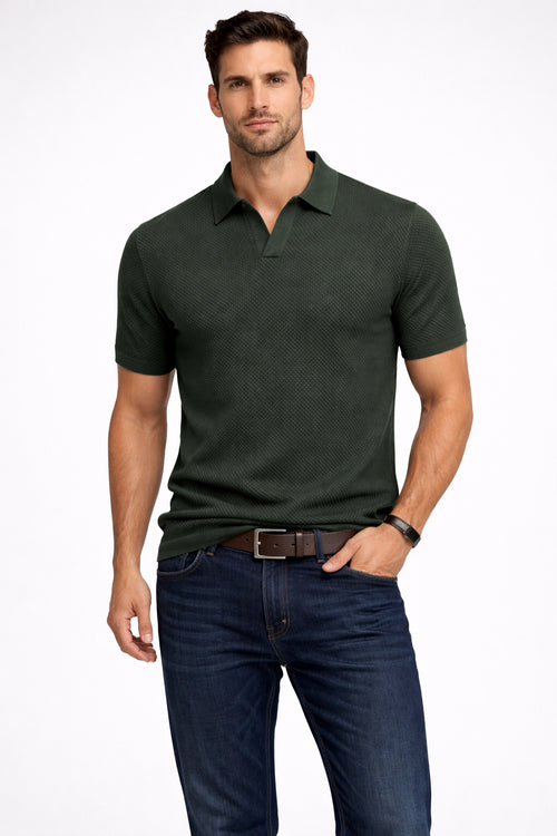 Men wearing forest green textured knit polo shirt, front view